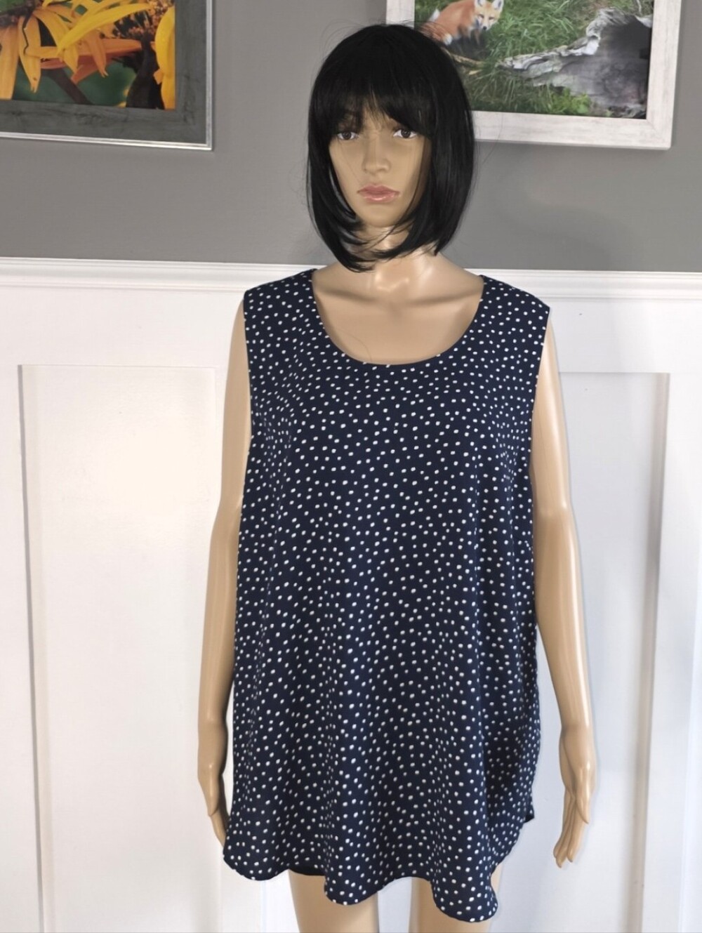 Sears Navy Polka Dot Sleeveless Asymetric Top, Plus Size 3X